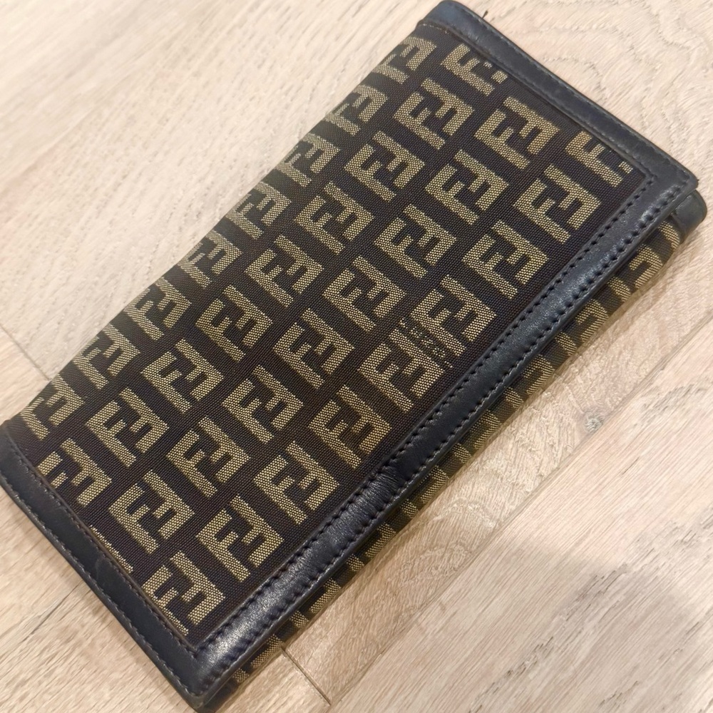 FENDI Zucca Canvas Continental Long Wallet Brown/Black Leather Trim